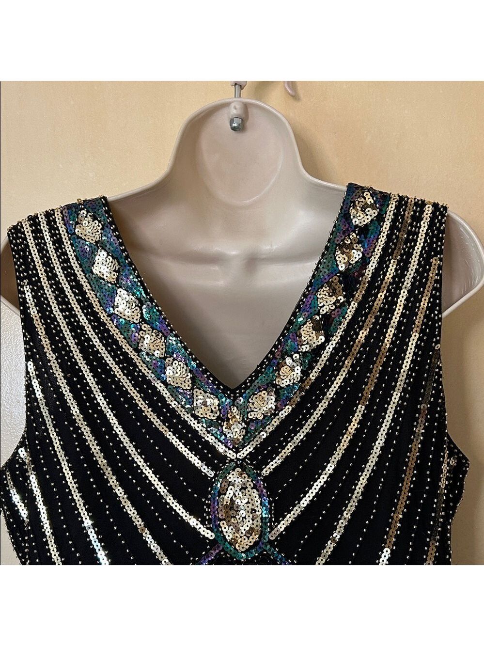 Black and Gold Beaded Fringe V-Neck Flapper Dress size M - Picture 8 of 12